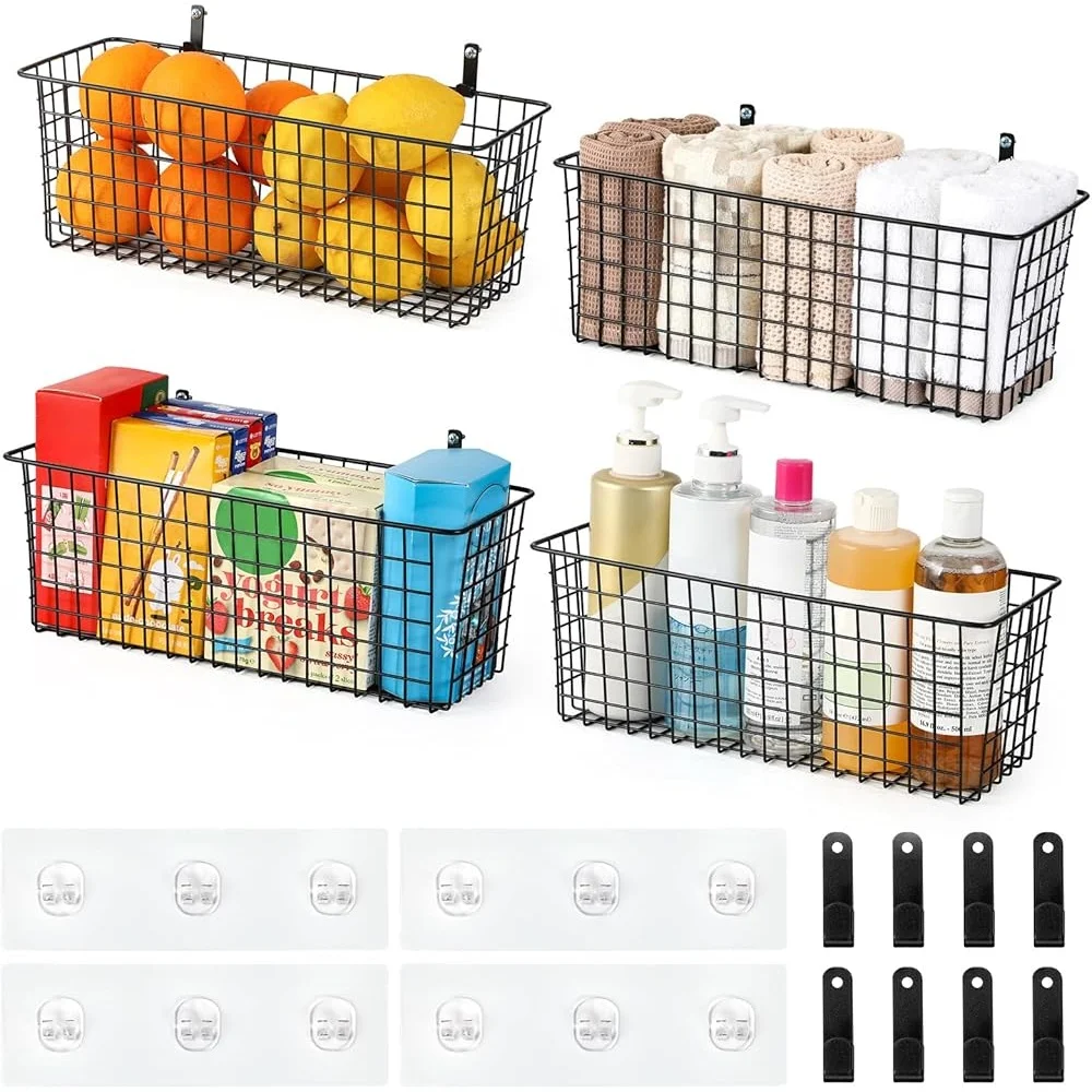 مجموعة سلال تخزين كبيرة جدًا مثبتة على الحائط مكونة من 4 عبوات مع خطافات لاصقة وخطافات فولاذية لتنظيم الأسلاك المتينة والمكتب المنزلي المثالي #6
