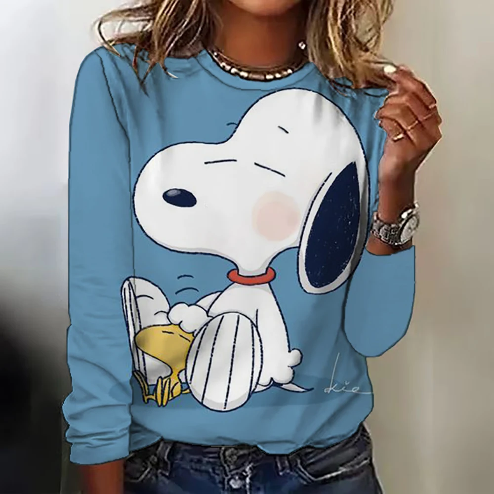 Women\'s Snoopy print long-sleeved tops round neck casual tops 3d printed Cartoon fashion stickers printed women\'s long-sleeved T