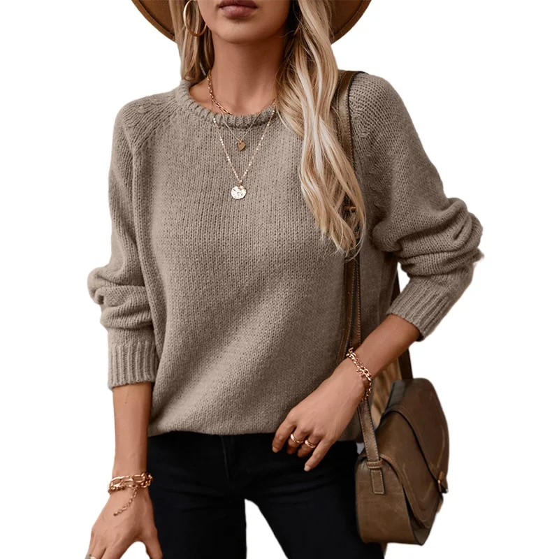 

Solid color crimped pullover European and American women's and winter loose round casual fashion cross-border knitted sweater