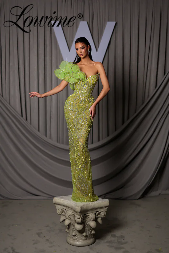 Green 2025 Beaded Crystal Celebrity Dresses One Shoulder Leaf Evening Dress Arabic For Weddings Cocktail Party Gowns Customized