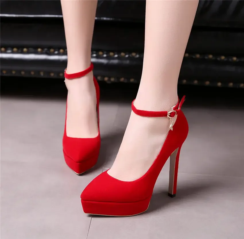 Big Size Women Platform Pumps 13cm High Spike Heels Black Red Flock Party Office Lady Sexy Ankle Strap Pointed Toe Thin Stiletto