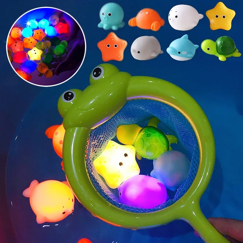 Cute Animals Bath Toy Swimming Water LED Light Up Toys Soft Rubber Float Induction Luminous Frogs for Kids Play Funny Gifts