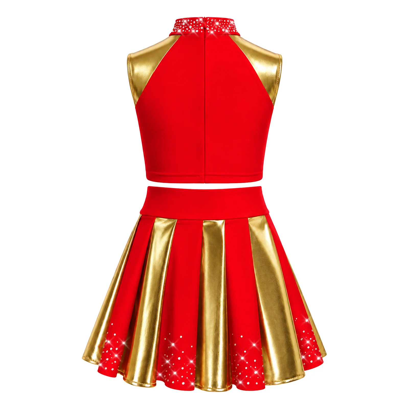 Cheerleader-Kostüm für Mädchen, Cheerleading-Uniform, 2-teiliges Set, ärmelloses Top mit Strasssteinen und „CHEER“-Aufdruck, kurzes Oberteil, plissierter Rock, Tanzoutfit. – Detail 11