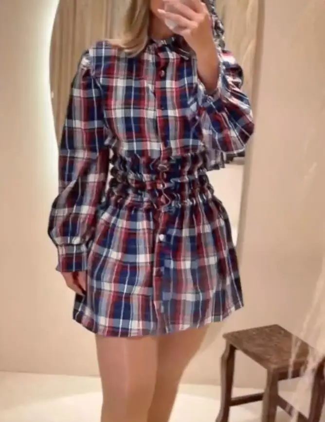 Feminino elegante uma linha vestidos femininos xadrez impressão turn-down colarinho botão para baixo shirred cintura camisa vestido mulher vestido casual