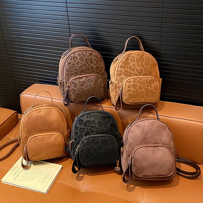 Korean Small Backpack for Women 2026 New Trendy Vintage Leopard Versatile Double Shoulder Bag Casual Simple Student Handbag