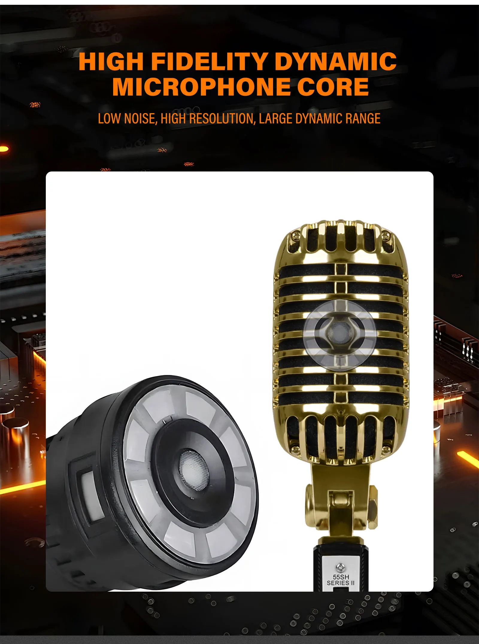 Retro-Mikrofon aus vergoldetem Metallmaterial, Vintage-Stil, professionelles dynamisches Kondensatormikrofon mit Nierencharakteristik für Karaoke, Bühne, Heimgebrauch – Detail 6