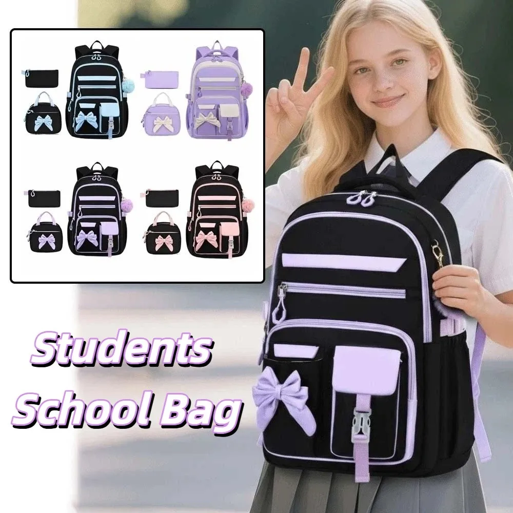 

Daypack Three-piece School Bag Set with Pen Bag Casual Large Capacity Backpack Fixed Webbing Contrast Color Nylon Bow Backpack