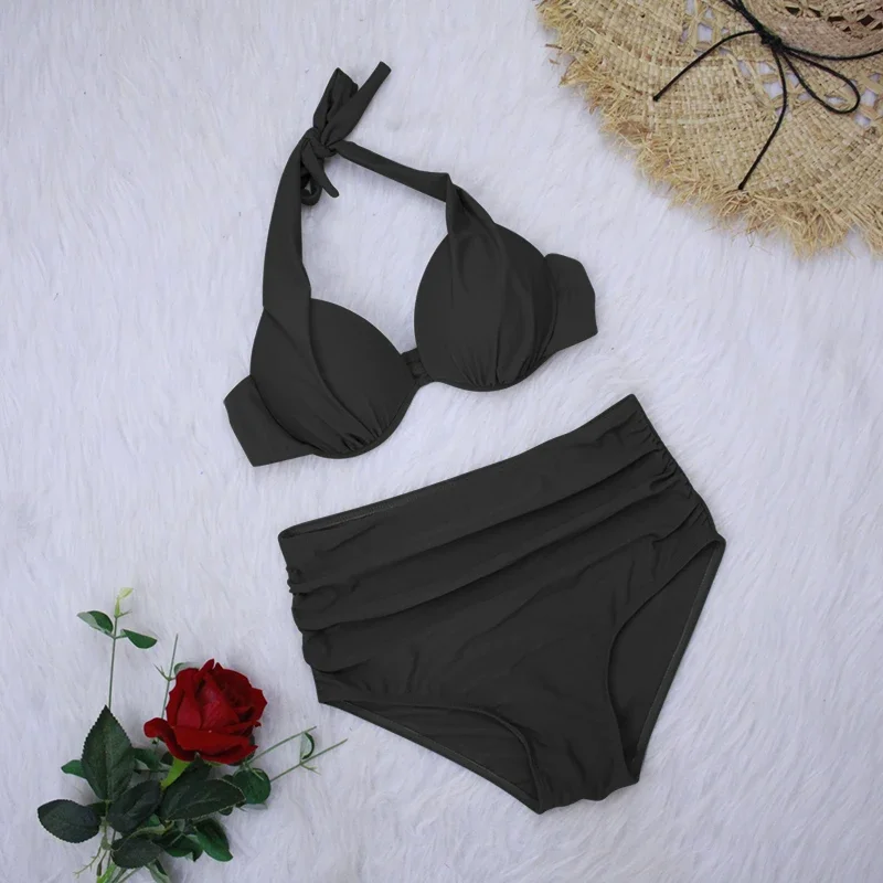 Fato de banho feminino push-up plissado monocromático de cintura alta, maiô, biquíni praia, conjunto biquíni sexy, 3 cores