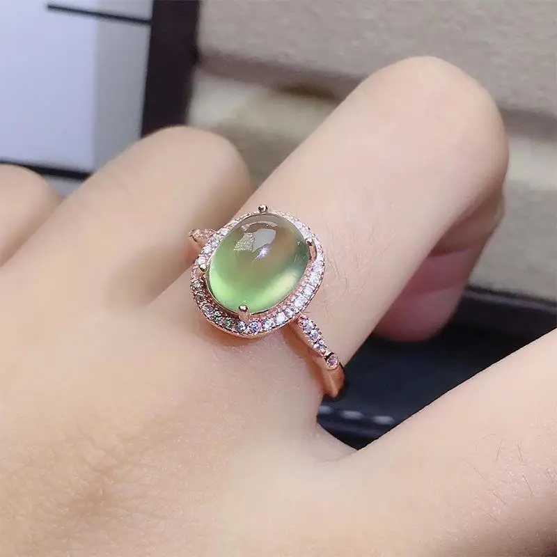 Original design green prehnite oval diamond-set opening adjustable light luxury sparkling charm women's silver brand jewelry