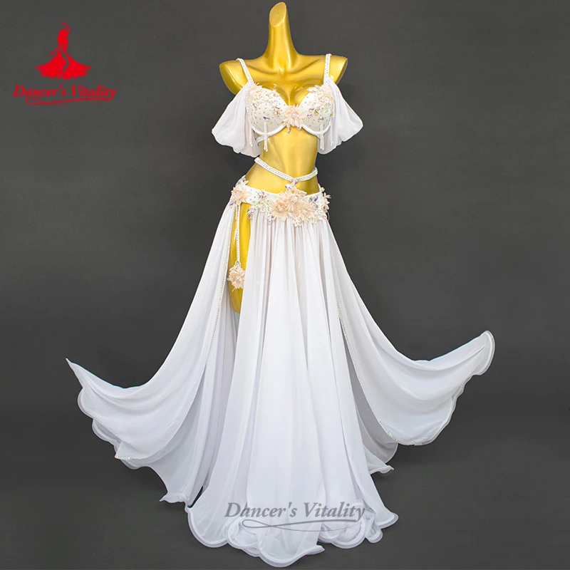 مجموعة أزياء الرقص الشرقي للنساء حمالة صدر فاخرة مرصعة بأحجار الراين + تنورة طويلة مثيرة مكونة من قطعتين ملابس أداء الرقص الشرقي الشرقي