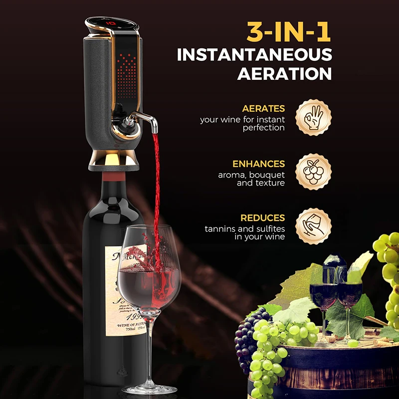 

Extravagant Electric Wine Aerator and Dispenser with Decanter, Vacuum Pump; LED Touch Screen Display Wine Maintaining System.