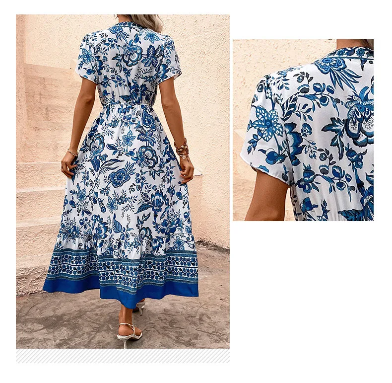 Robe longue trapèze décontractée pour femmes, tenue de plage imprimée, col en v, manches courtes, imprimé floral, Maxi, été