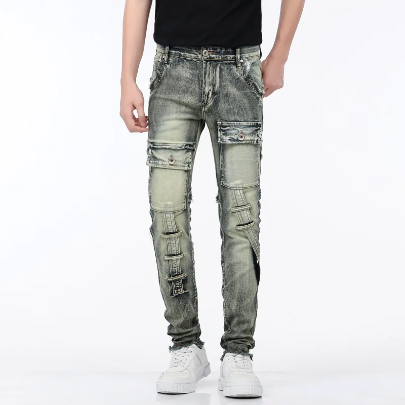 Jeans de motocicleta de bolso múltiplo masculino, calça slim fit, retrô, angustiada, cor de lama amarela, personalidade, outono, nova, 2022