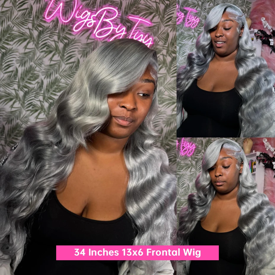 Body Wave Silver Grey Wig Human Hair Lace Front Wig 30 40 Inches 13x6 Lace Frontal Wig Peruvian Ash Gray Colored Human Hair Wigs image 4