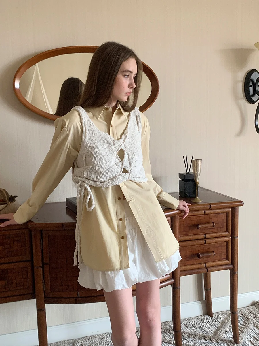 

Белый жилет с узлом, женский тонкий текстурированный дизайн, топ без рукавов, осенний новый повседневный удобный жилет из смеси хлопка