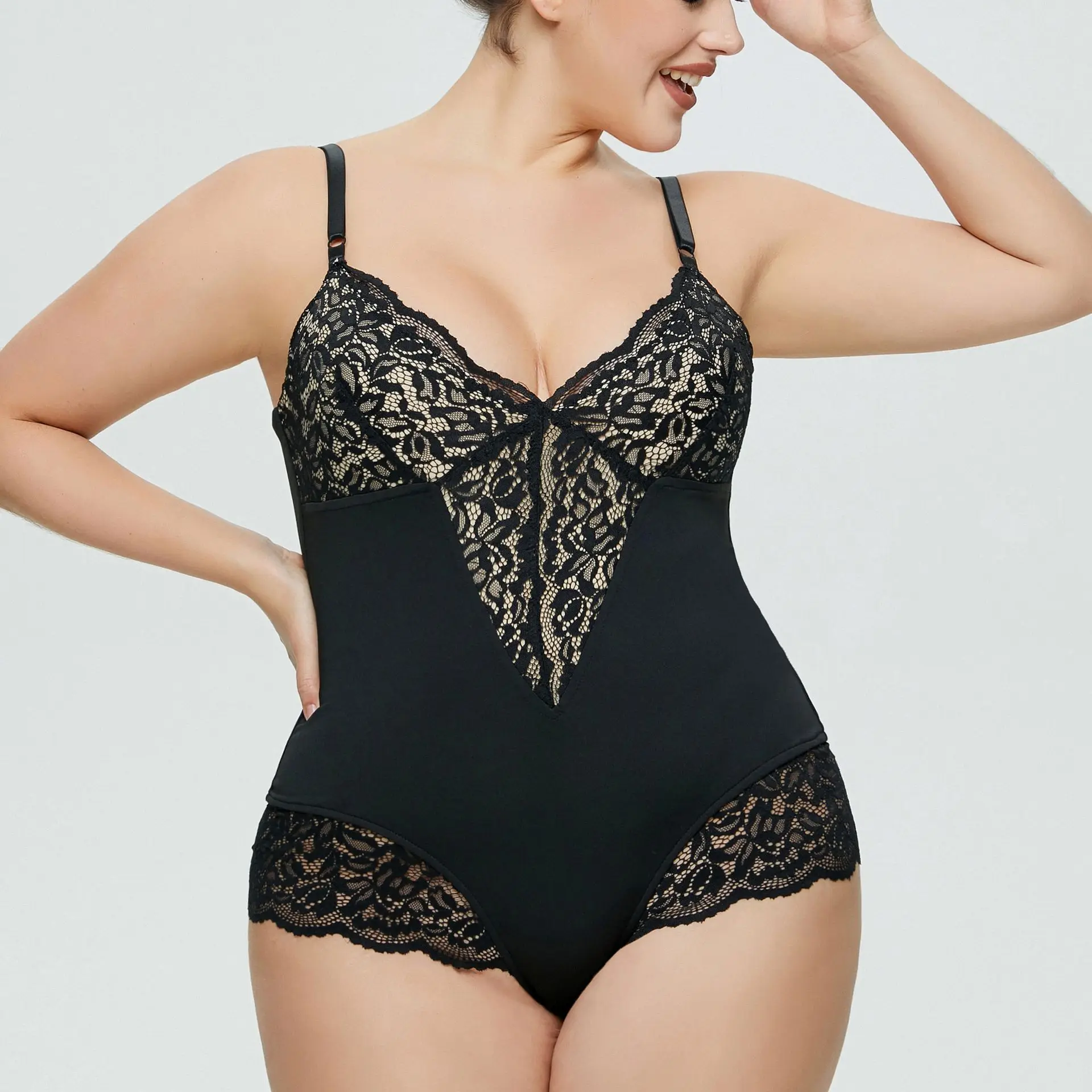 Macacão V profundo para mulheres, roupa interior sexy, costura de renda, tanga superior, plus size