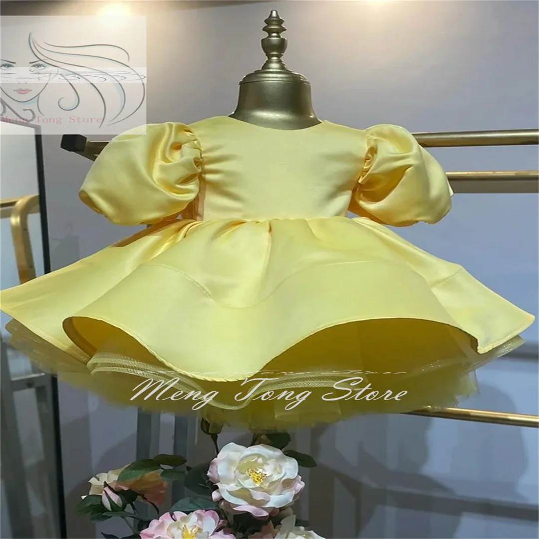 

Puffy yellow Satin Flower Girl Dresses Knee Length Wedding Party Dress Bow Toddler Baby Birthday Pageant Ballet Tutu Dress