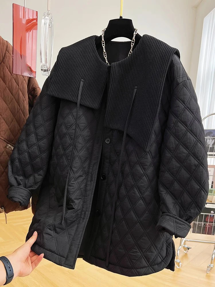 Winter Cotton Coat Loose Parkas Oversize Diamond Plaid Quilted Jacket Korean Lightweight Casual Padded Clothes