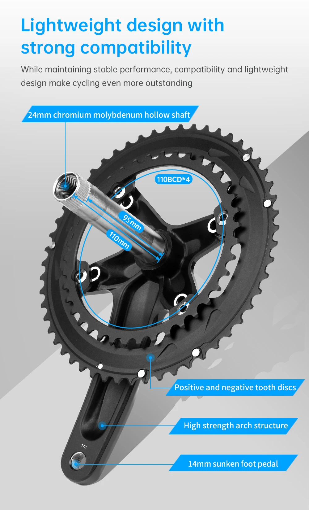 RIRO 706 Rennrad Integrierte Kurbelgarnitur 170 mm 110BCD 53-39T/50-34T Doppelkettenblätter Kettenräder Hohles Rennrad Kettenblatt – Detail 3