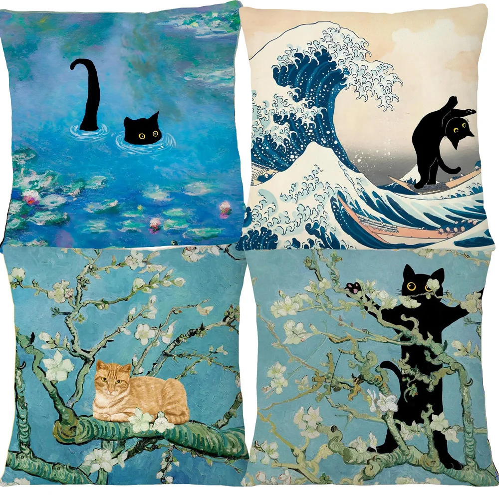 Altered Art Black Cat in Famous Paintings Tree Floral Print Cushion Cover Pillow Case