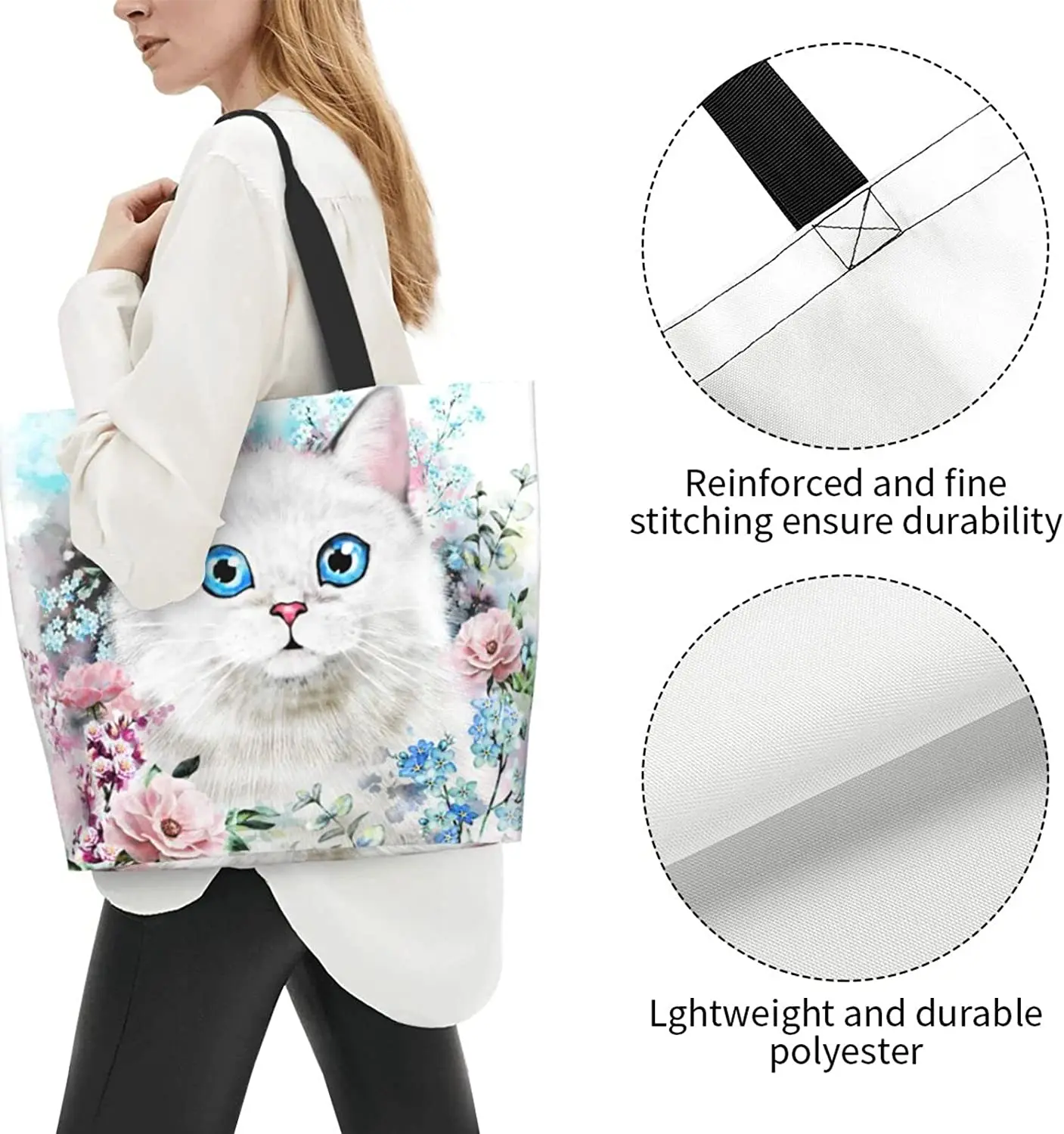 Cat Tote Bag Casual Reusable Large Grocery Bags Women Shoulder Handbag for Shopping Working Travel Beach