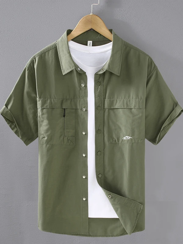 Retro Japanese Style Men's Short Sleeve Work Shirt Casual Summer Trend Dark Button Design Shirt Jacket Versatile Cotton Polye...