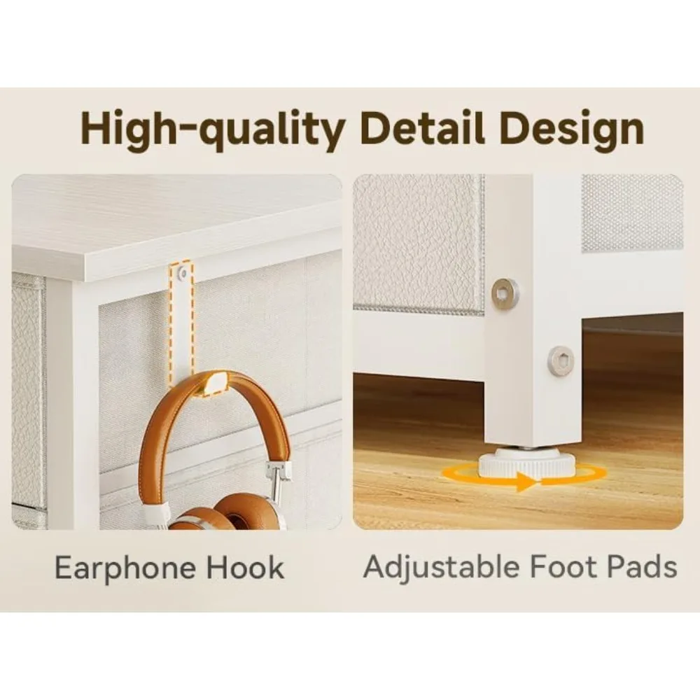 مكتب أبيض مقاس 48 بوصة مع 8 أدراج قماش للمكتب المنزلي الحديث والدراسة والألعاب مع مساحة تخزين كافية