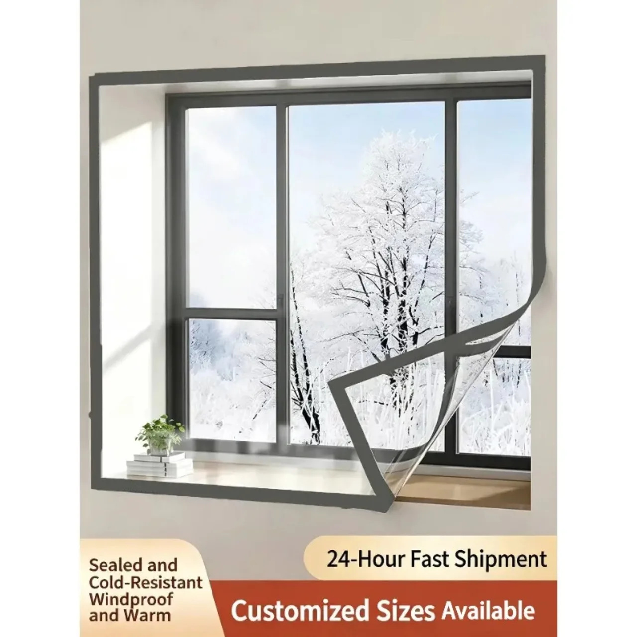 Windproof and Heat-insulating Window Cover, High-quality PVC Transparent Film Gray Framed Curtains, Used To Maintain Indoor Heat