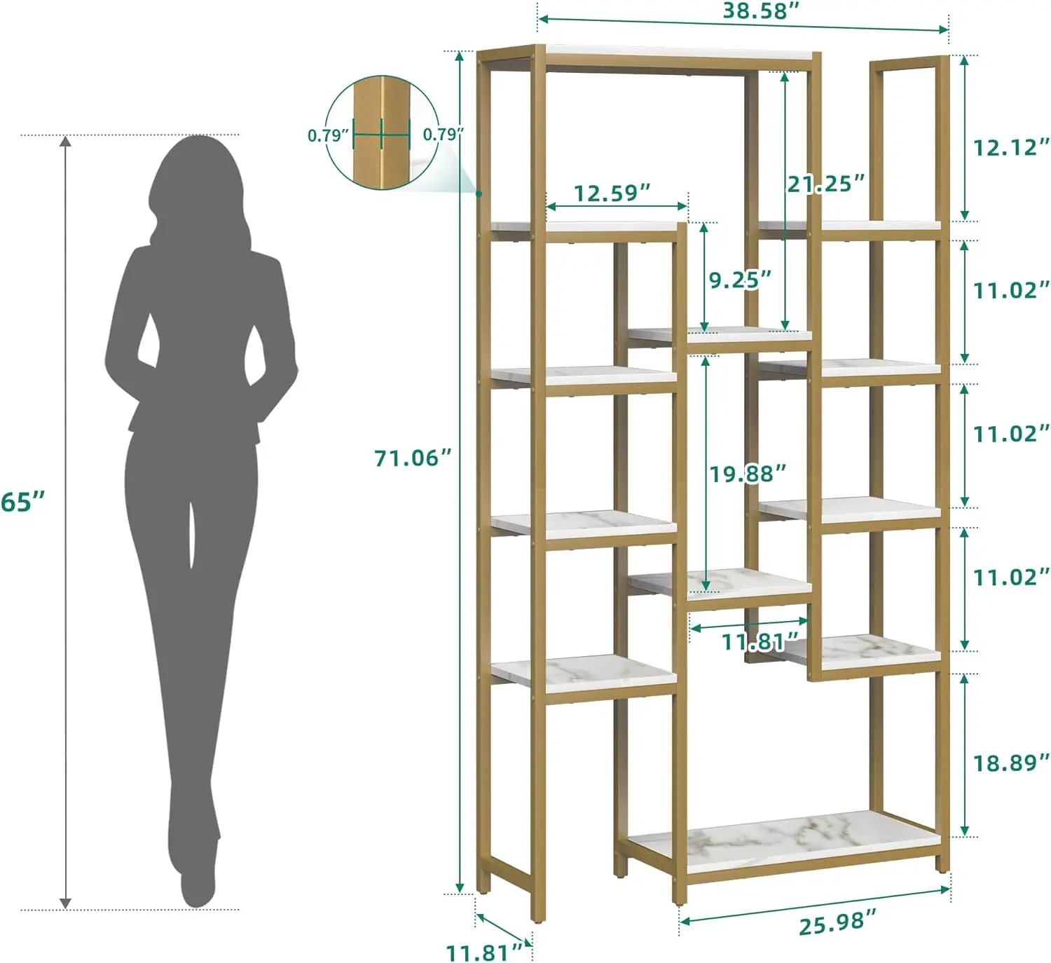 6 Tier Gold Bookshelf, 71” Tall Modern Free Standing Bookshelf with 12 Shelf Bookcase, Faux Marble Open Display Storage Book