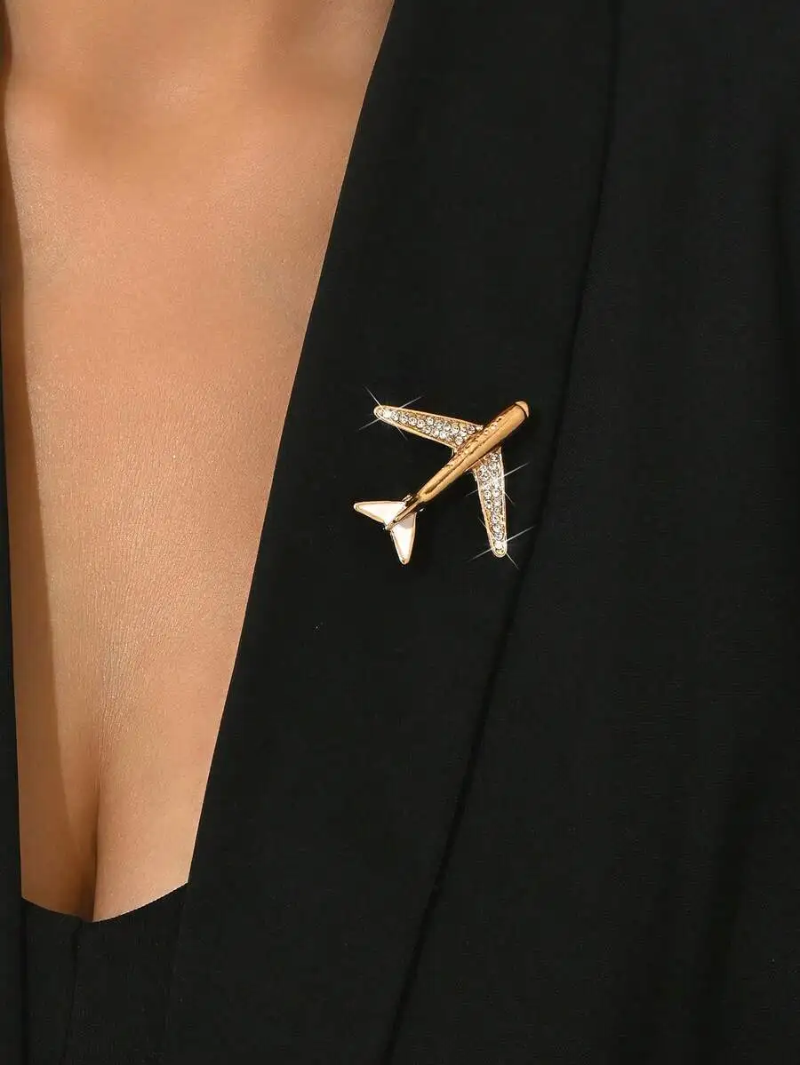 1pc Premium Rhinestone Embellished Airplane Design Brooch, Stylish Accessory For Men's Suits And Jackets