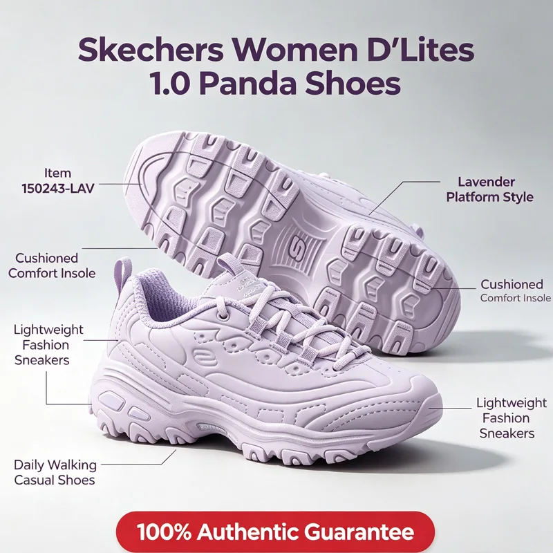 Skechers Women D'Lites 1.0 Panda Shoes 150243-LAV Lavender Platform Cushion Comfort Daily Walking Sneakers