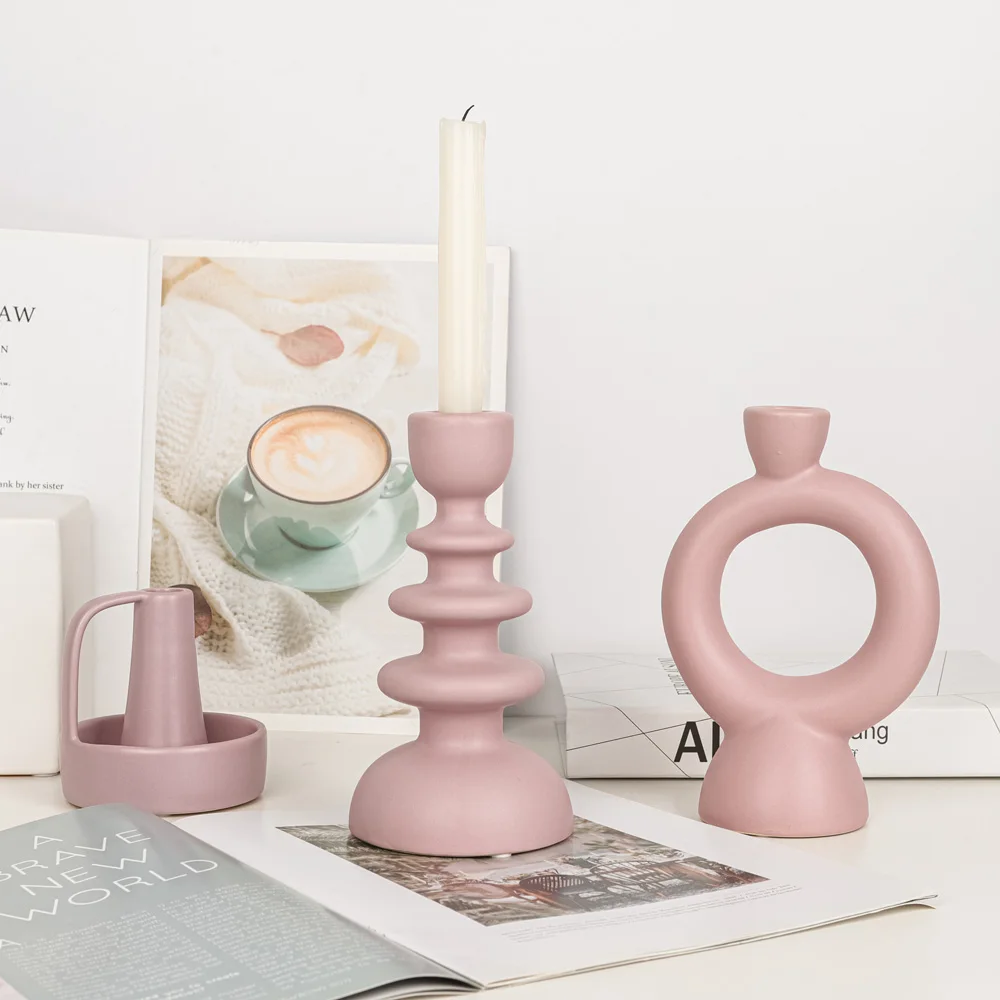 Classical Heavy Ceramic Candlestick, Romantic Pink Candle Holders Creative Shapes, Home Incense Candle Wedding Table Decoration