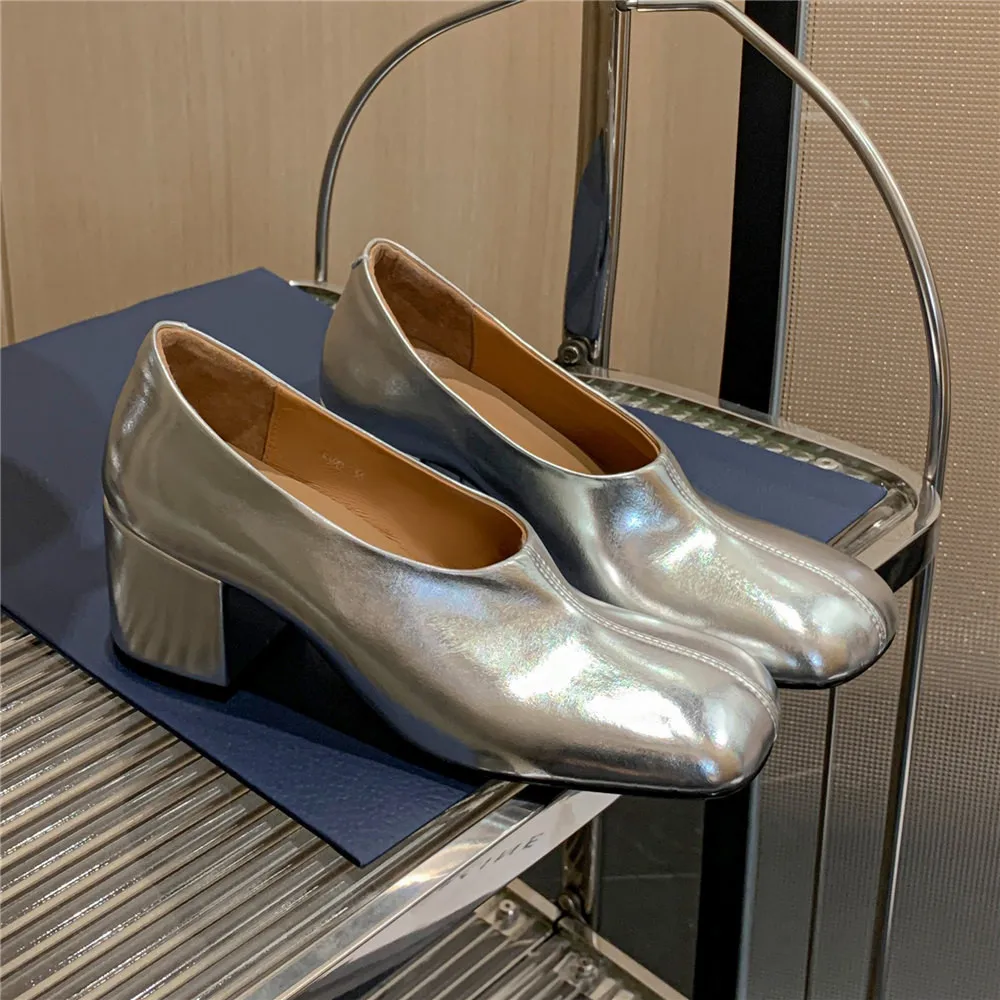 MILI-MIYA Fashion Square Toe kobiety skóra bydlęca Sliver pompy grube obcasy Slip On Solid Color Big Size 34-42 buty wiosenne jesienne