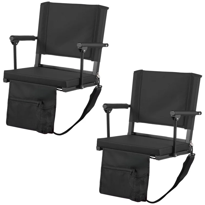

Portable Bleacher Seat with Armrest, Back Support, Thick Cushion, Cup Holder, Shoulder Strap, Black Football Stadium Chair, 2-Pack