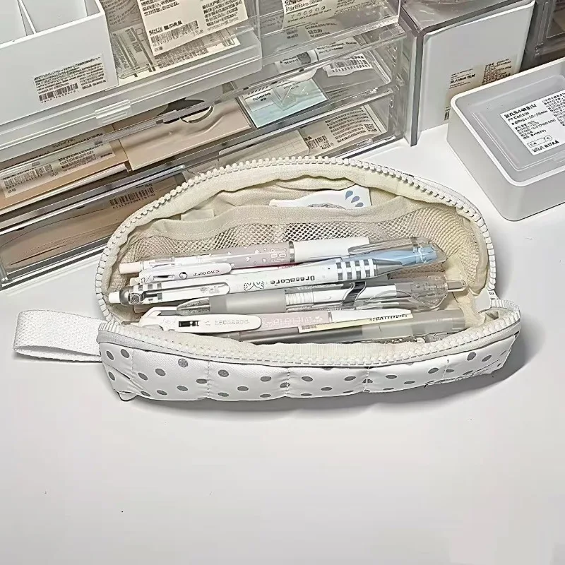 White Grey Polka Dot Pencil Case, Cute High‑Aesthetic Large‑Capacity Pen Storage Pouch for Junior & High School Students