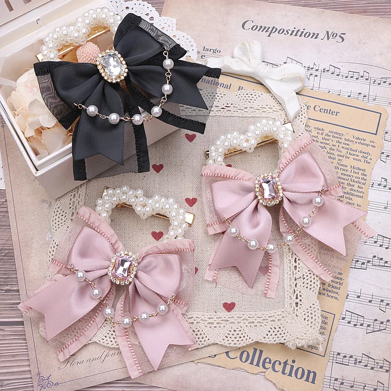 Lolita-Style Lovely Girl Head Clip with Kawaii Handmade Beaded Bow Chain and Pearl Barrettes, Side Clip Woman's Accessories