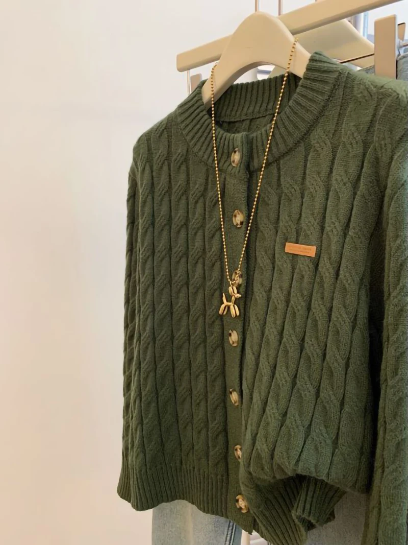 ผู้หญิงสีเขียวTwistedถักรอบคอเสื้อแขนยาวฤดูใบไม้ร่วงและฤดูหนาวเกาหลีElegantใหม่Single-BreastedถักTop 2000