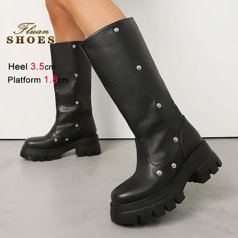 New Foreign Trade Women Shoes New Medium Heel Thick Platform Knee Length Boots Round Toe Metallic Rivet Boots Fashion Long Boots