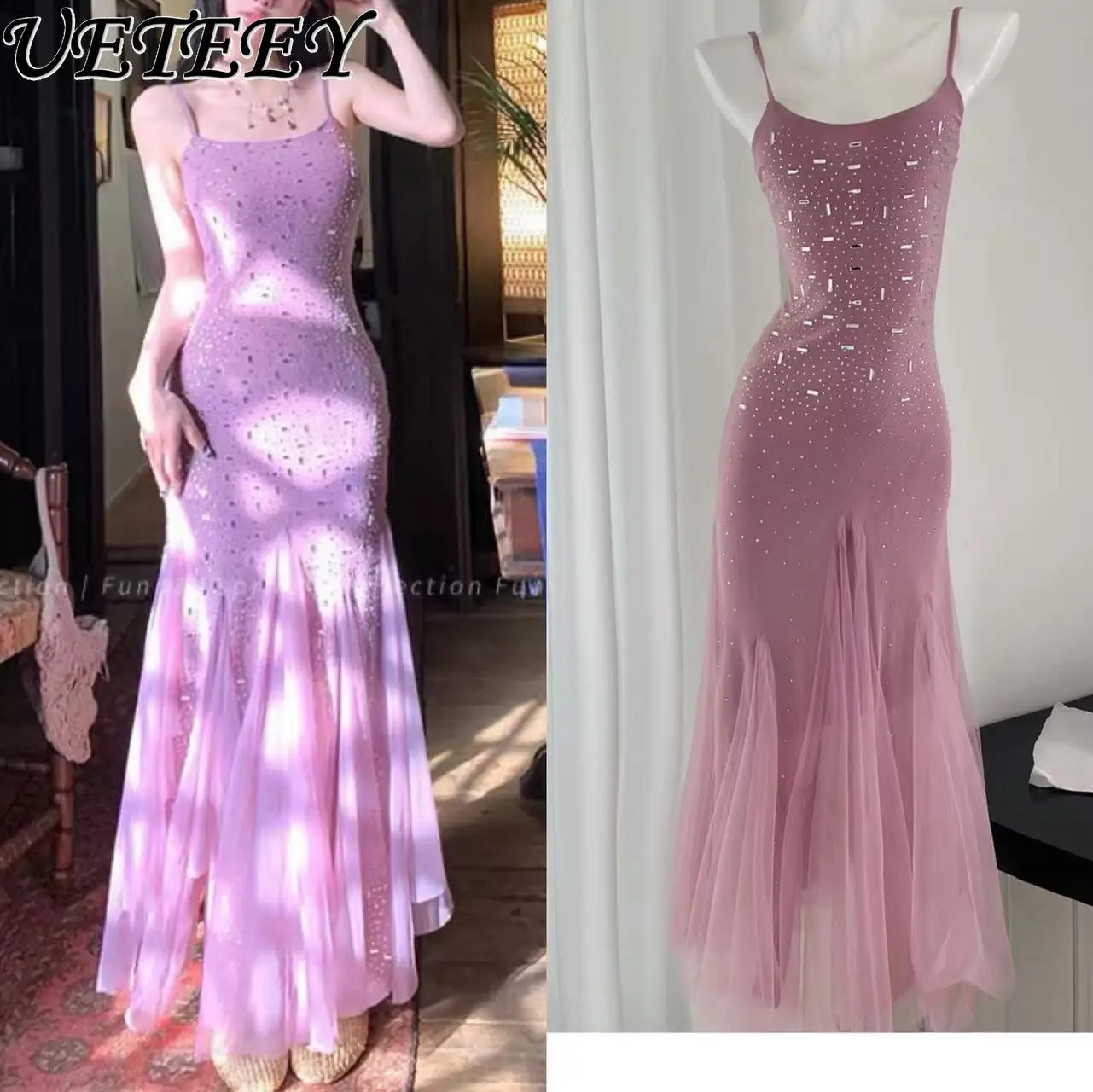 

New Hot Rhinestone Vacation Waist-Tight Mid-Length Fishtail Dress Summer Women's Elegant Slimming Hip Suspender Dresses