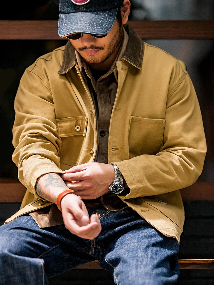 

Maden Workwear American Retro Heavyweight Michigan Canvas Jaet Multiple kets Khaki Collar Coat Men Spring Autumn