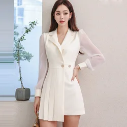 Korean Style Elegant Blazer Dress Women Lady Slim Waist Patchwork Vestidos Buttons Decor Dresses Pleated Charming Streetwear