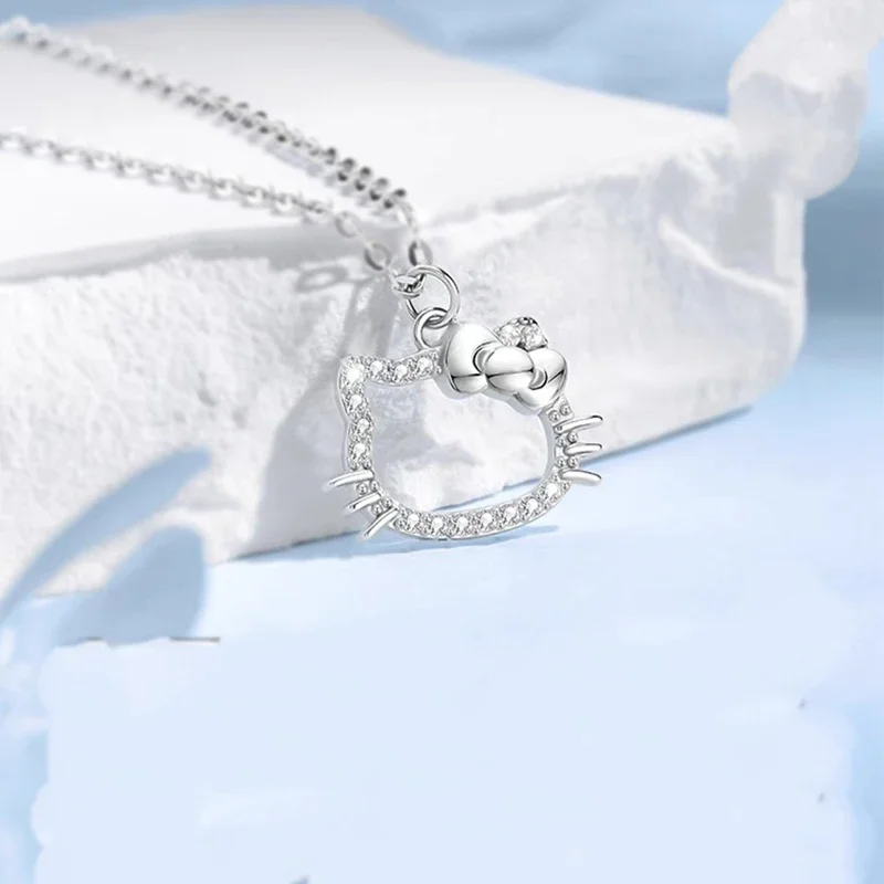 Hello Kitty Necklaces Kawaii  Anime Sanrio Crystal Pendant Ladies Girl Simple White Zircon Elegant Necklace Women Jewelry Gift