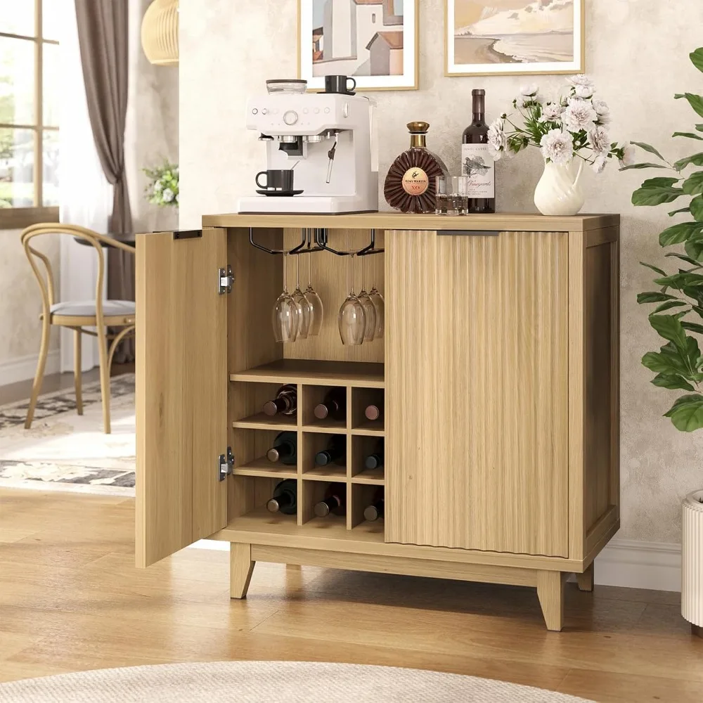 Modern Fluted Coffee Bar Cabinet with Removable Wine Rack and Adjustable Shelf, Solid Wood Legs, Multi-Functional Sideboard Buff
