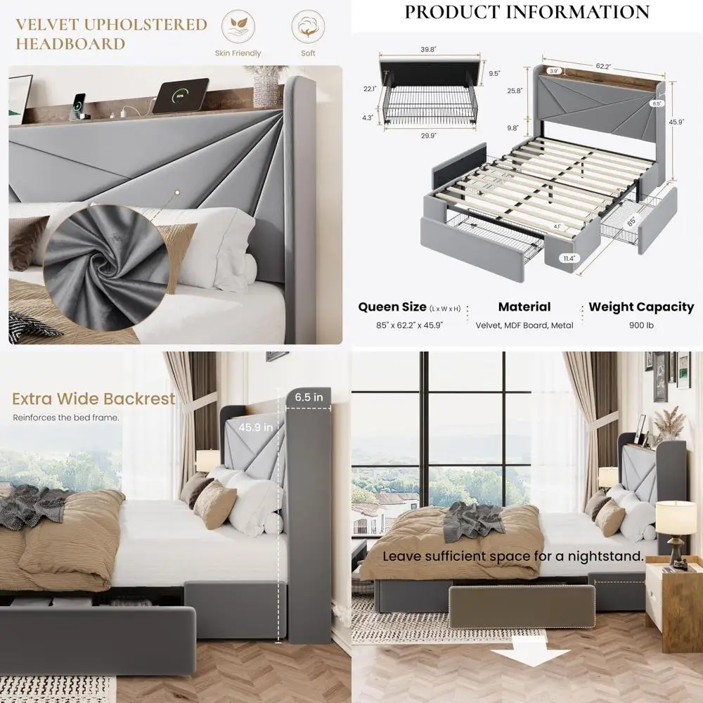 Queen Bed e with 3 Ders, USB & Type-C Charging Ports, Velvet Upholstered Platorm Bed with ern Geometric Wingback Storage board,
