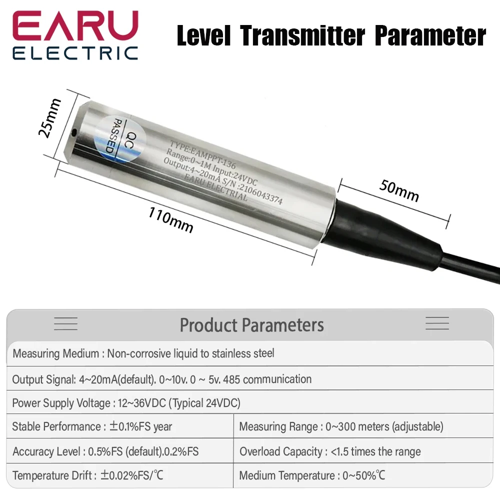 Level Sensor 4-20Ma 0-5V 0-10V RS485 Output Liquid Level Transmitter Water Level Sensor Probe Detector Controller Float Switch