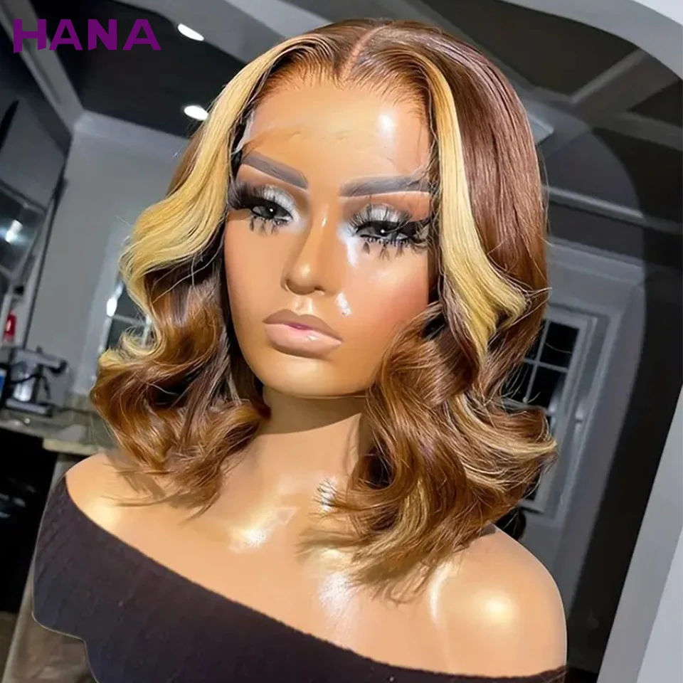 

Brown with Blonde Colored Bob Wig Transparent 13x4 Lace Frontal Human Hair Wigs For Black Women Short Bob Wig Wavy 180% Density