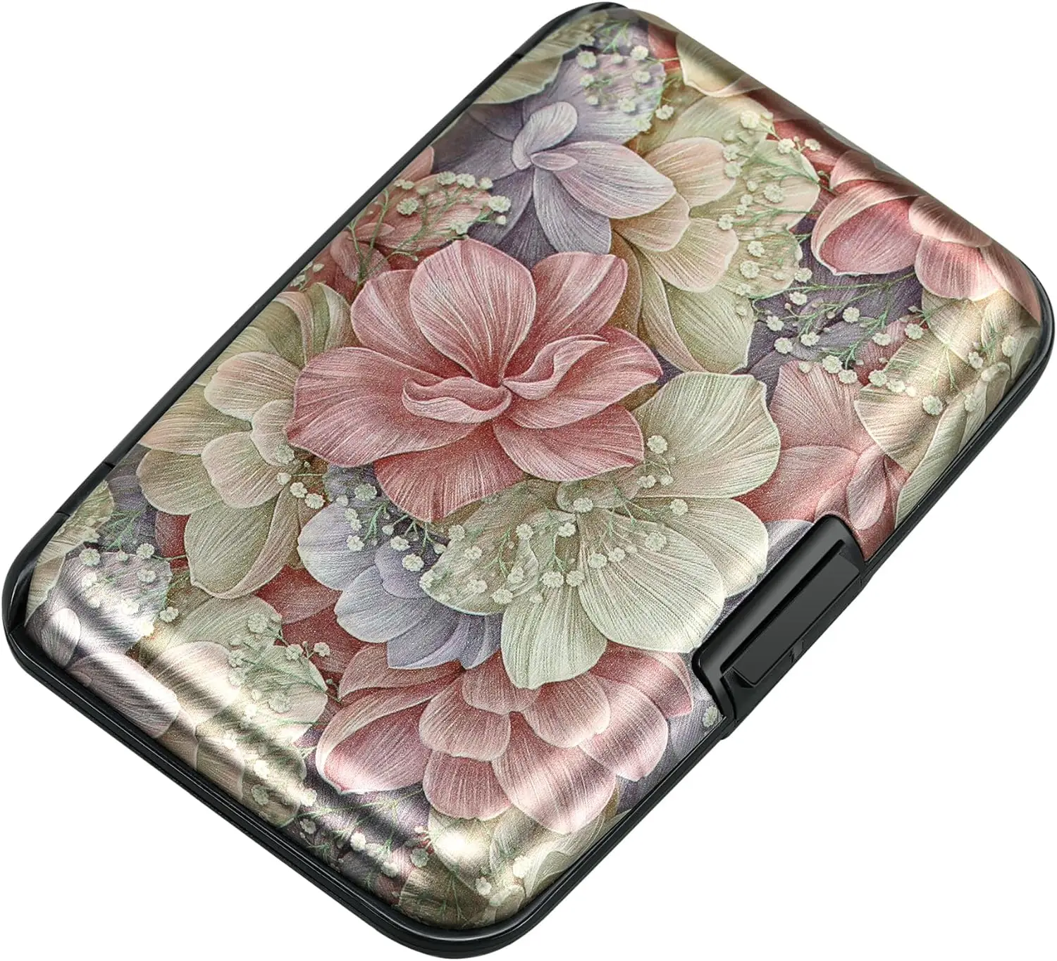 

Mini RFID Aluminum Wallet Credit Cards Holder Business Card Case Metal ID Case for Men Women（Happy Flower