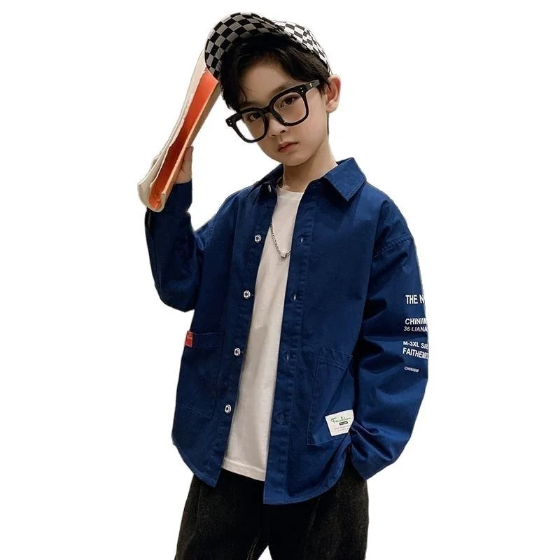 W magazynie chłopięce koszule, topy, kurtki, nowości 2025, duże rozmiary z długimi rękawami, wiosenne ubrania dla dzieci na świeżym powietrzu 5-14T