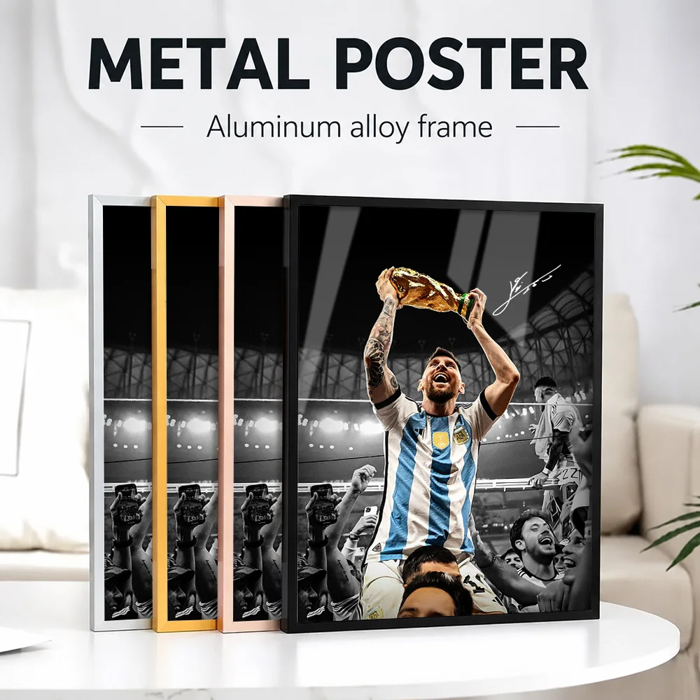 Lionel Messi Holding The Trophy Framed Aluminum Metal Poster Customized Photo Energetic Graphic Style Wall Art For Sports Room