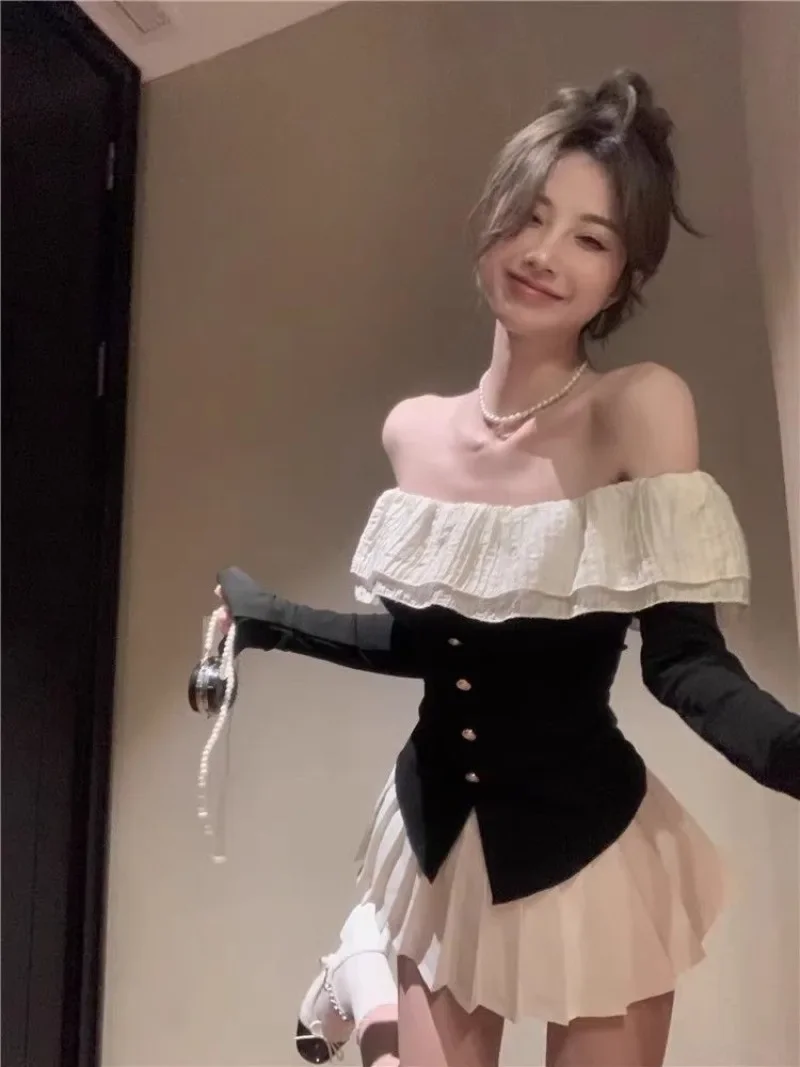 Women Clothing Sweet Slim Sleeves Top Fit Flare Off Shoulder Lotus Leaf Knit T-shirt Black Crop Ropa De Mujer Graphic